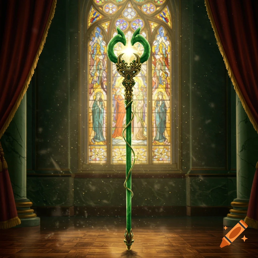 An ornate green and gold staff with a glowing top stands before a colorful stained glass window in a grand, dim hall.