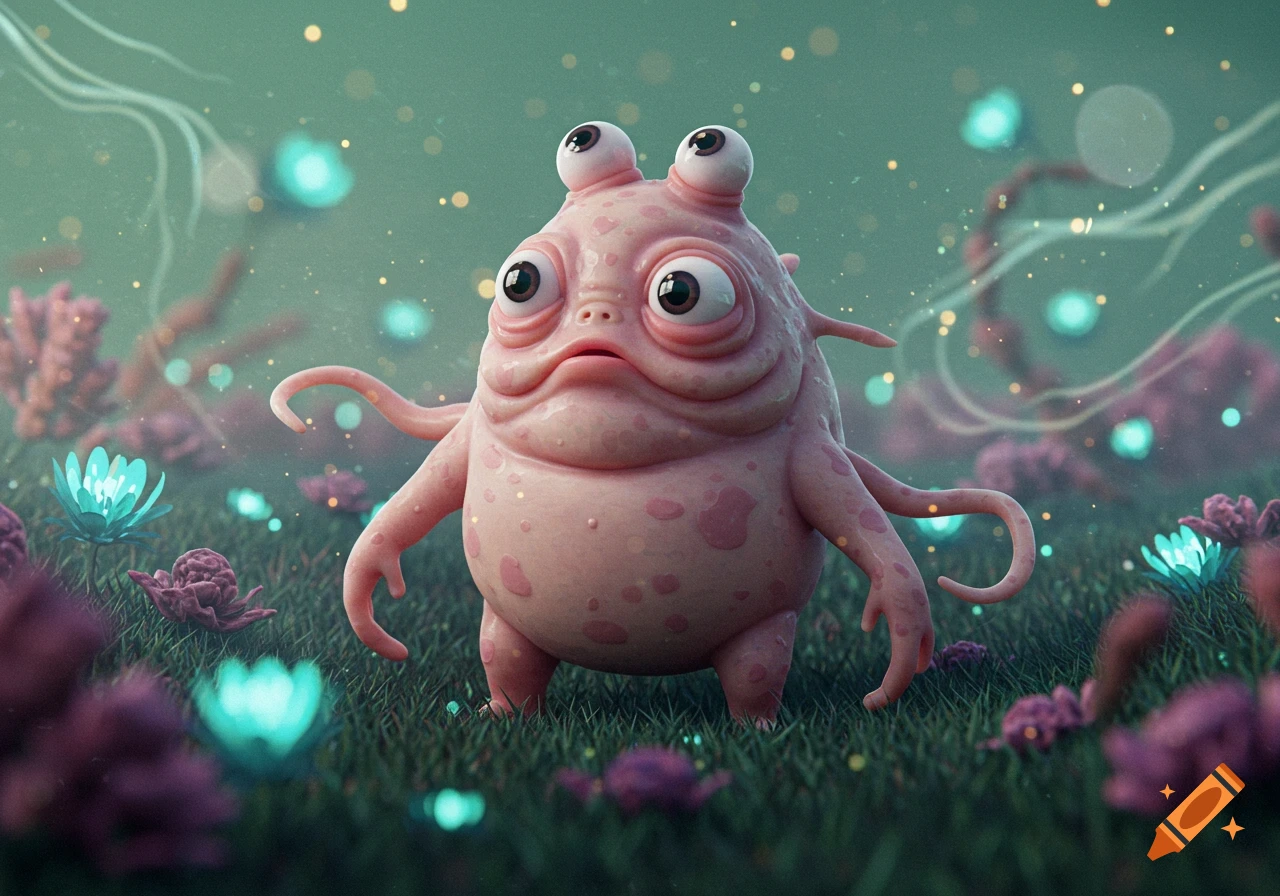 A strange, pink, lumpy creature with large eyes and multiple limbs stands on grass amidst glowing blue flowers and floating orbs in a whimsical fantasy setting.