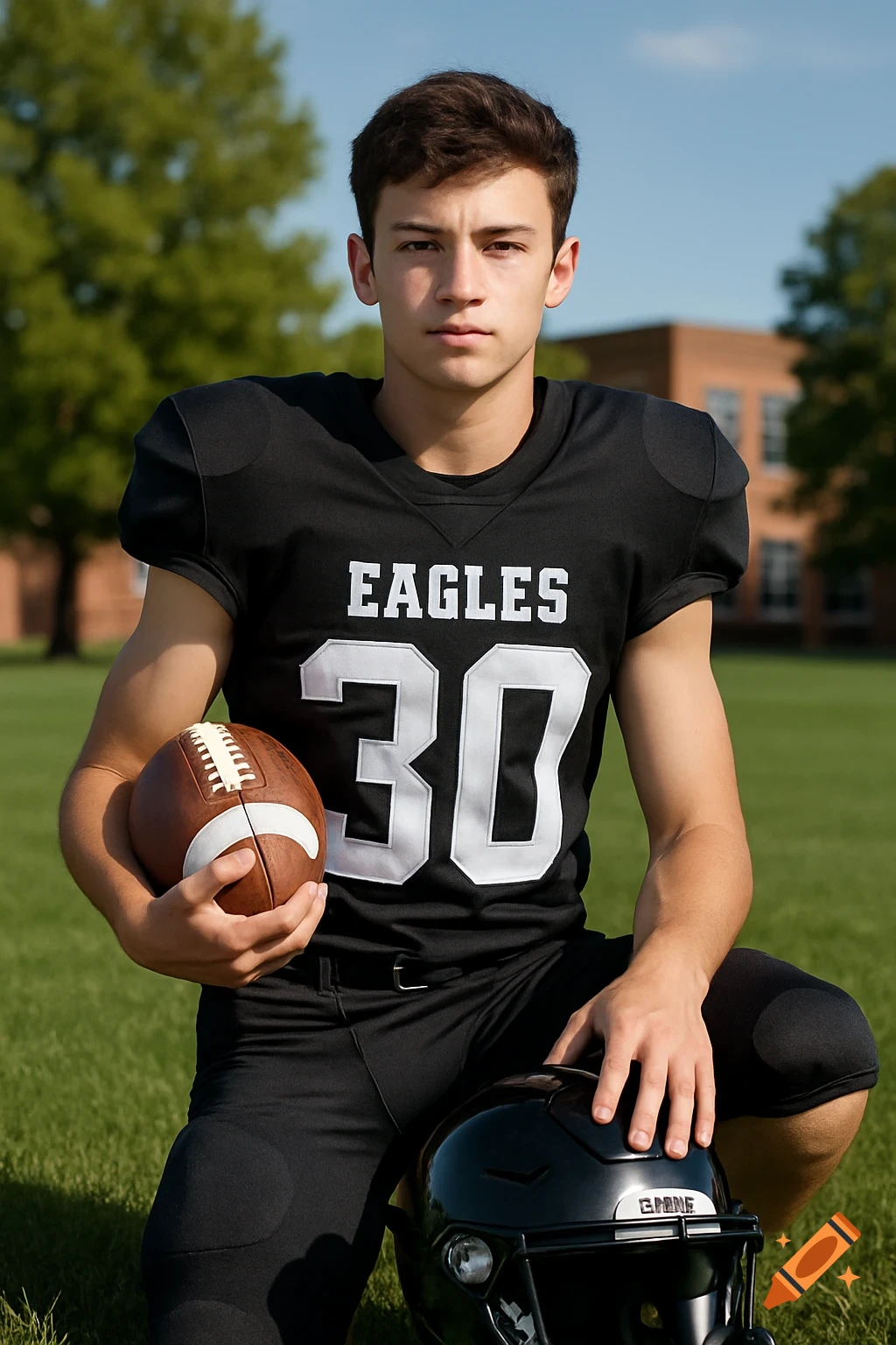 A young male football player in a black jersey with "EAGLES 30" and black pants kneels on a green field, holding a football and a helmet. Photorealistic.