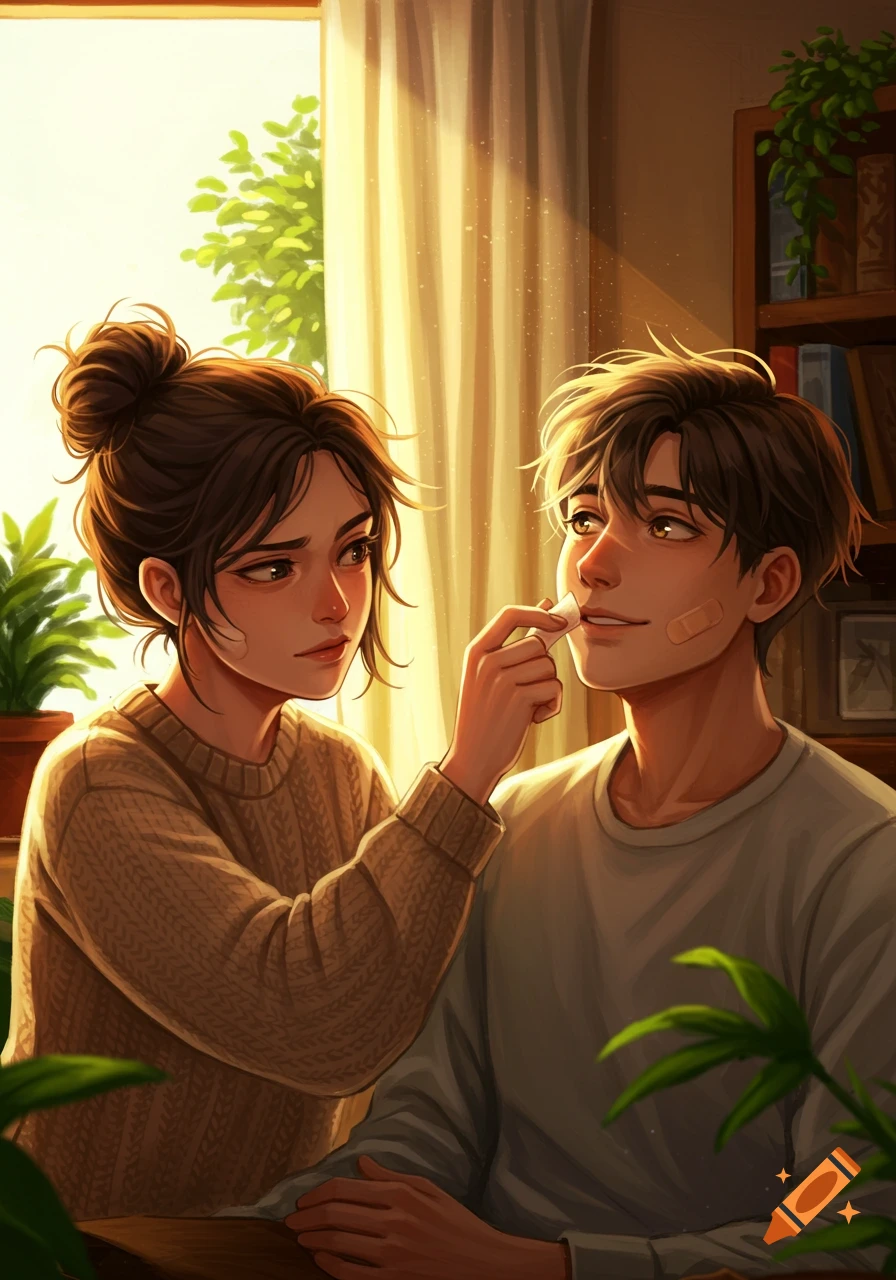 Anime-style illustration of a woman applying a bandage to a man's face, with warm light from a window.