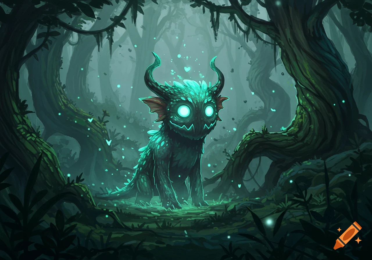 A cute, glowing green horned creature with large eyes sits in a dark, mystical forest illuminated by blue light and fireflies. Digital art.