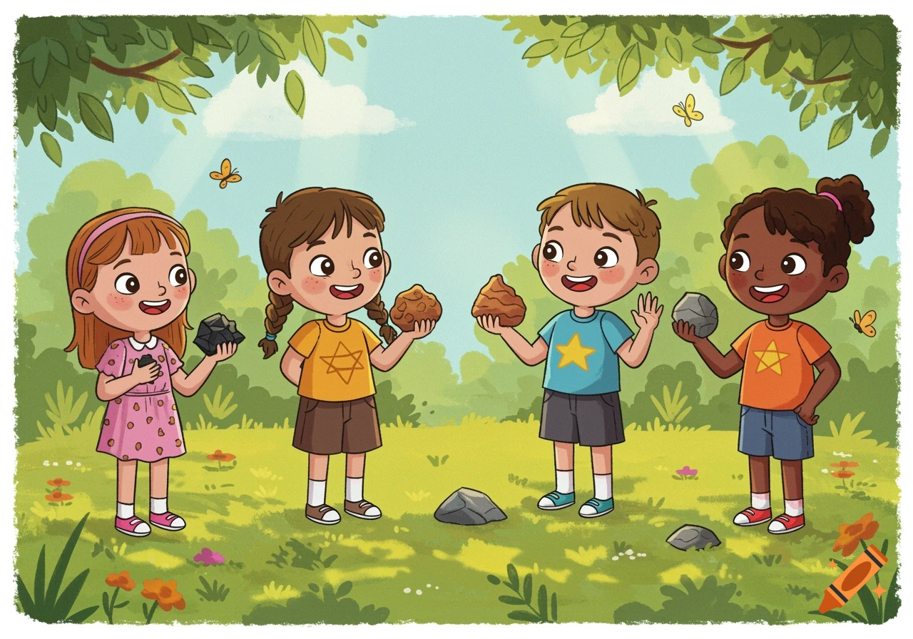 Cartoon of four diverse children holding rocks or dirt clods in a park. Two children wear Star of David shirts.