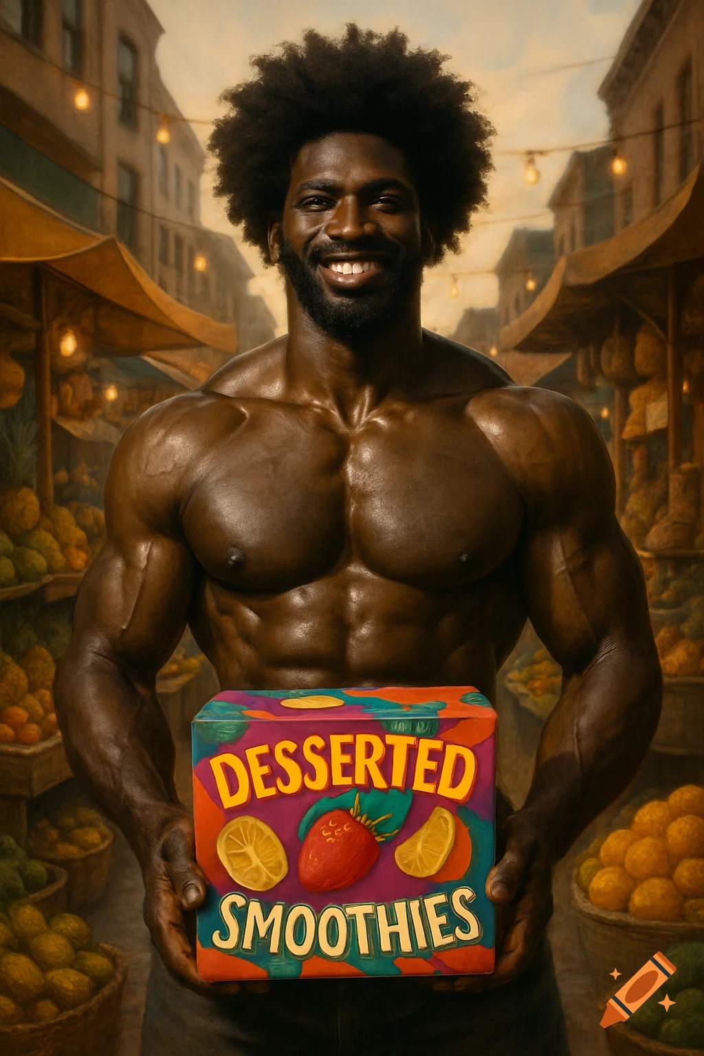 A smiling, muscular Black man with an afro holds a 'DESSERTED SMOOTHIES' box in a market scene.
