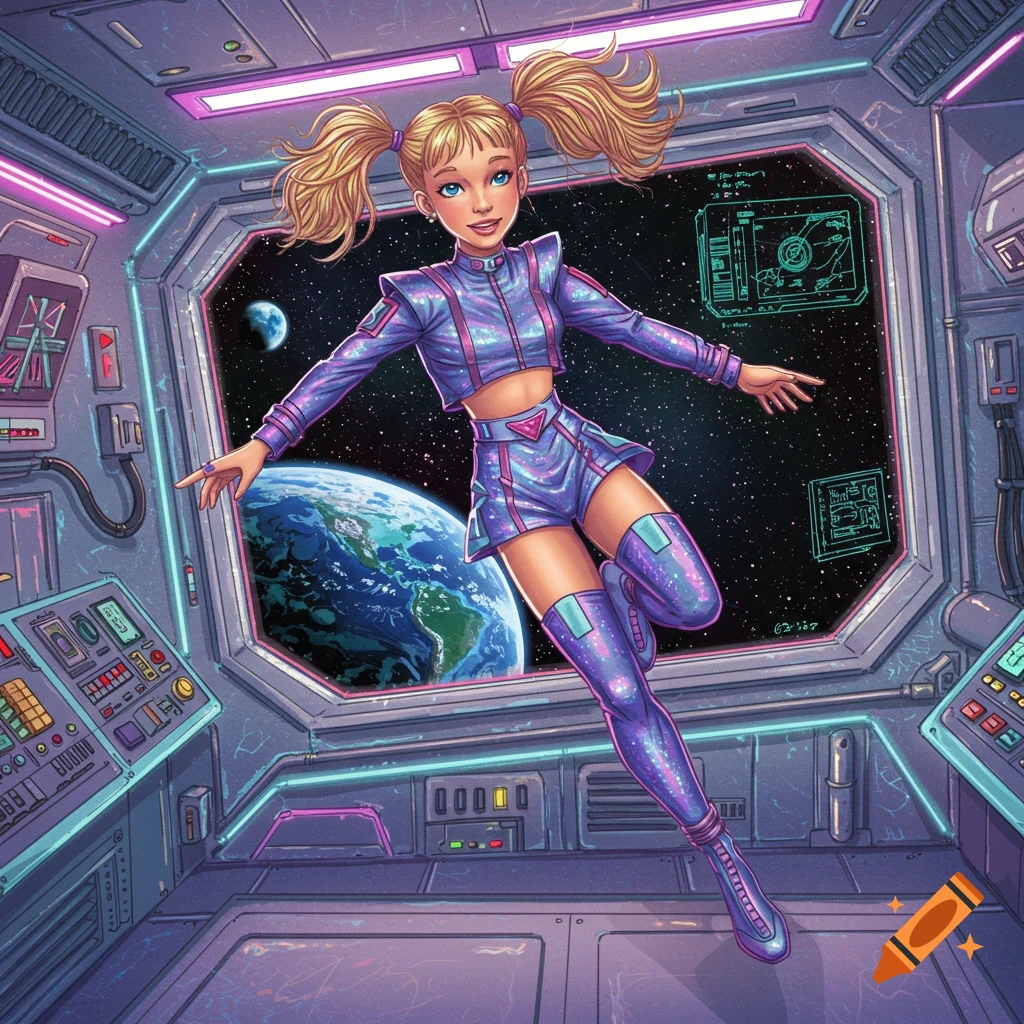 A blonde girl with pigtails in a glittery purple sci-fi outfit floats weightlessly inside a spaceship, with Earth visible through a window.