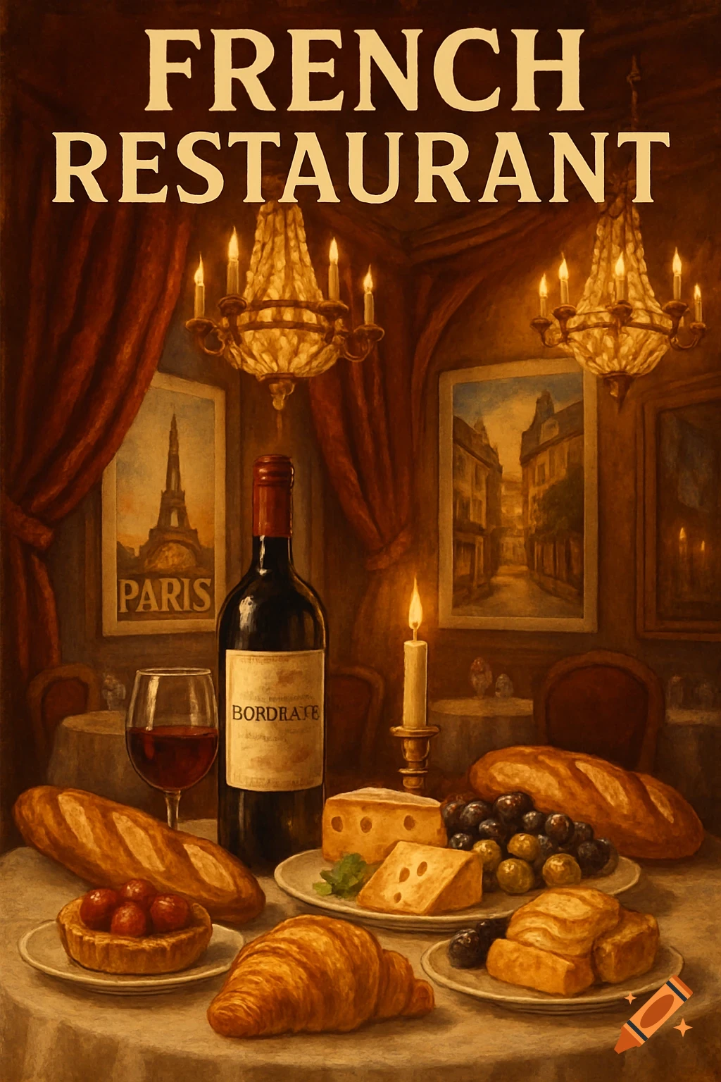 Painterly still life of a French restaurant table with wine, bread, cheese, croissant, and a tart, under chandeliers.