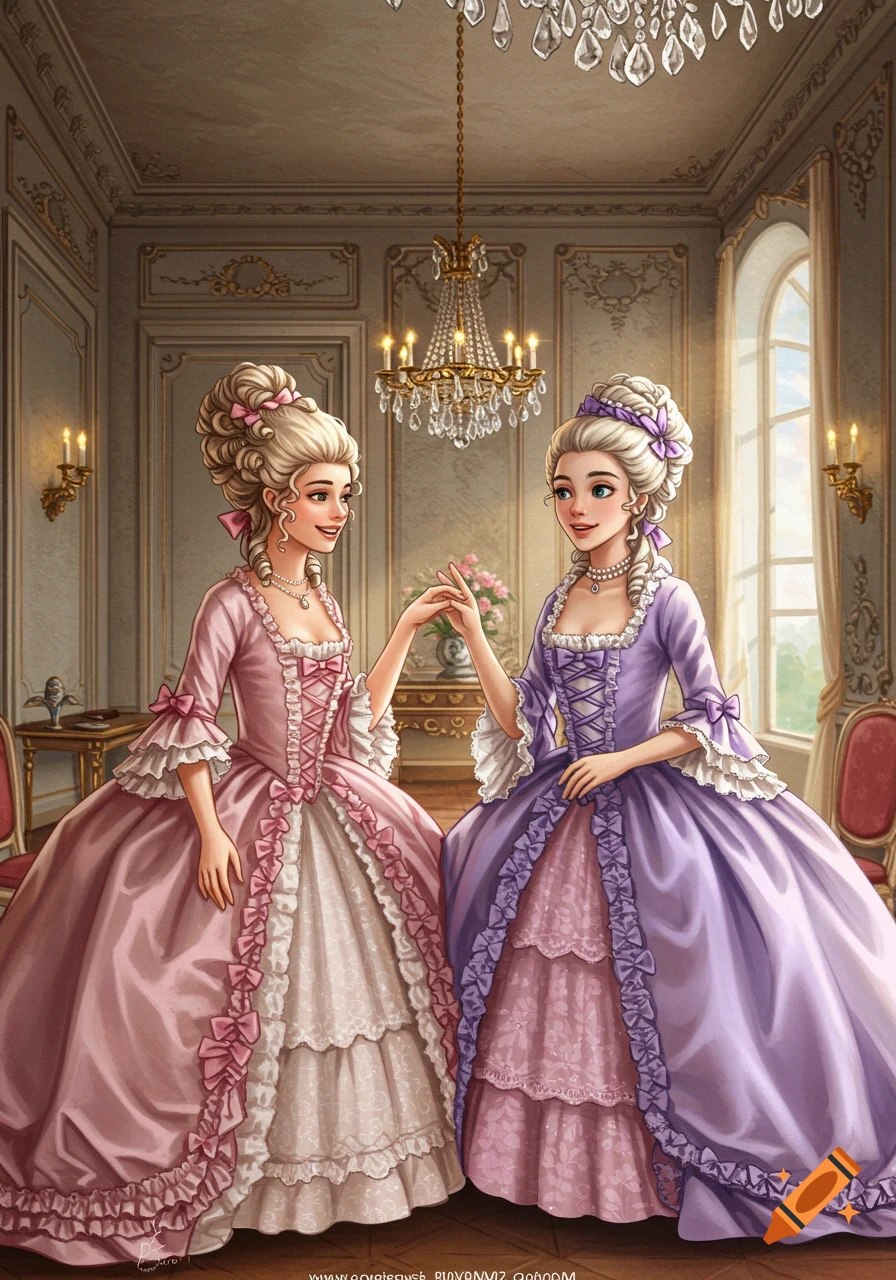 Illustration of two women in elaborate pink and lavender Rococo dresses holding hands in an elegant, ornate room.