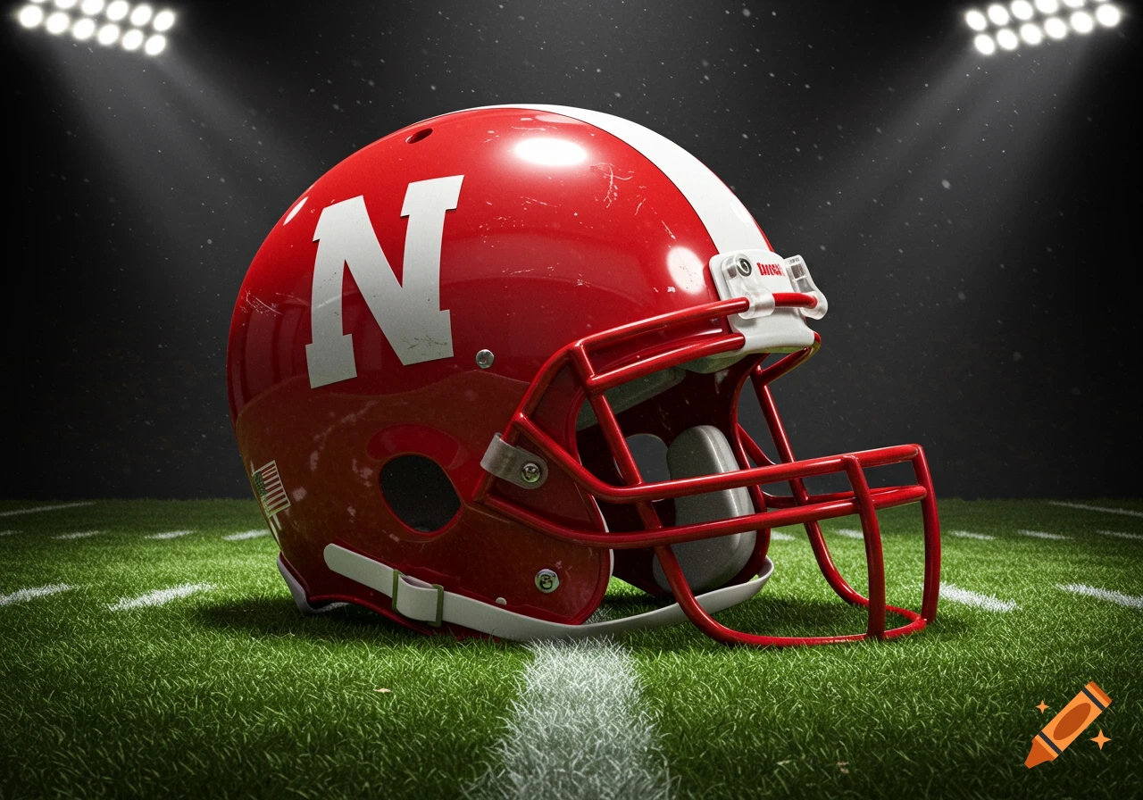A red football helmet with a white 'N' on a green football field under bright stadium lights at night, photorealistic style.