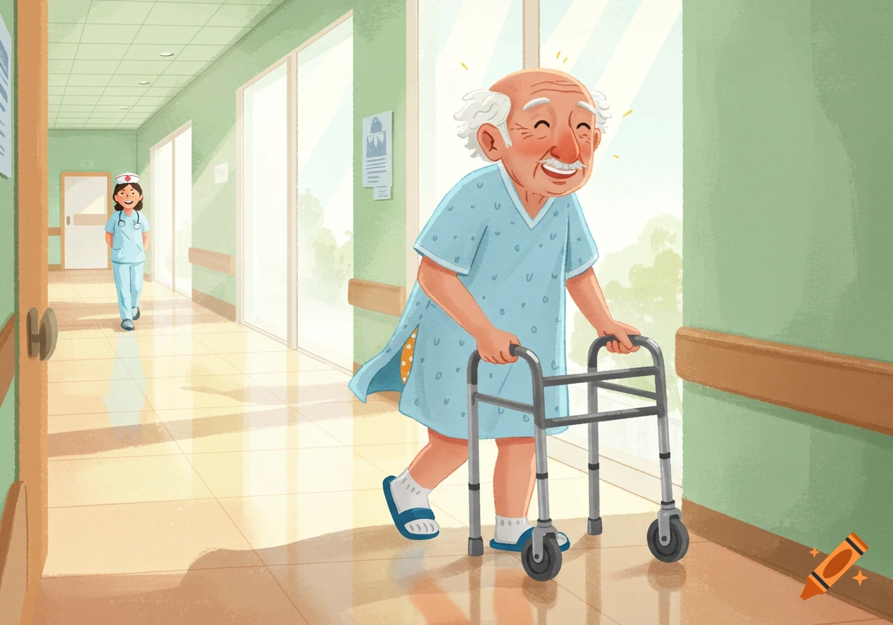 Cartoon of a smiling old man using a walker in a hospital hallway, his gown open in back, with a nurse in the distance.
