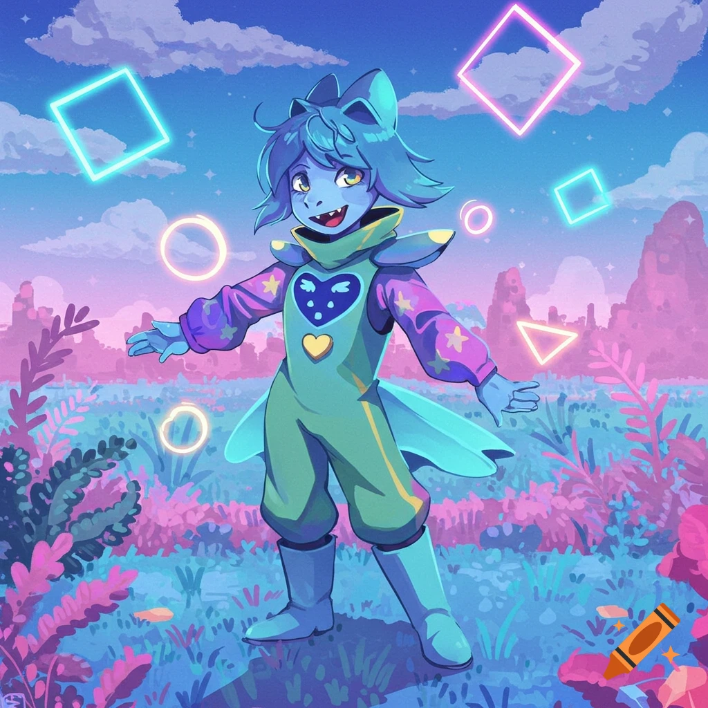 A blue-skinned cartoon character in a green jumpsuit stands in a vibrant alien landscape with pink flora and floating neon shapes.