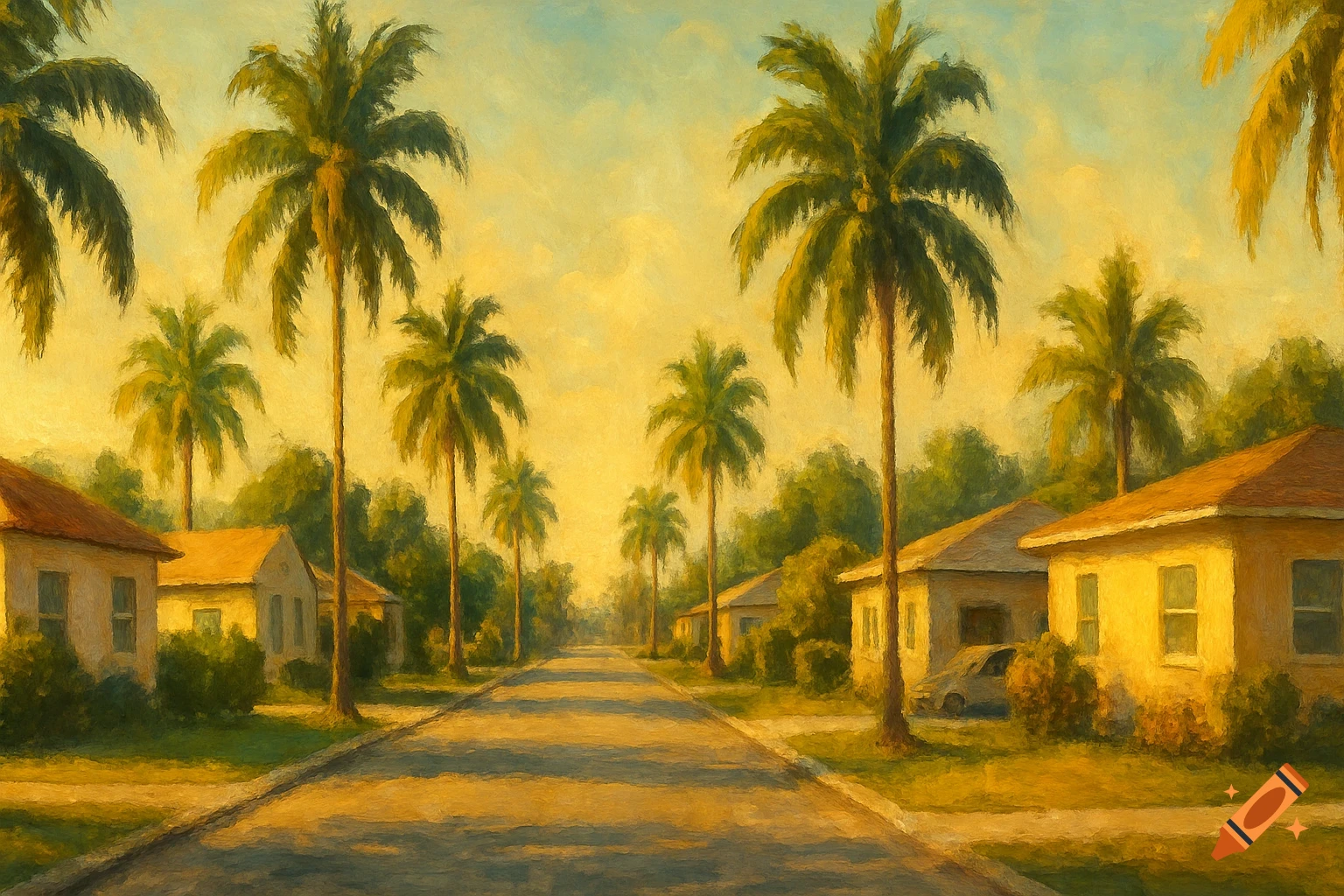 An oil painting of a sunny residential street lined with palm trees and single-story houses.