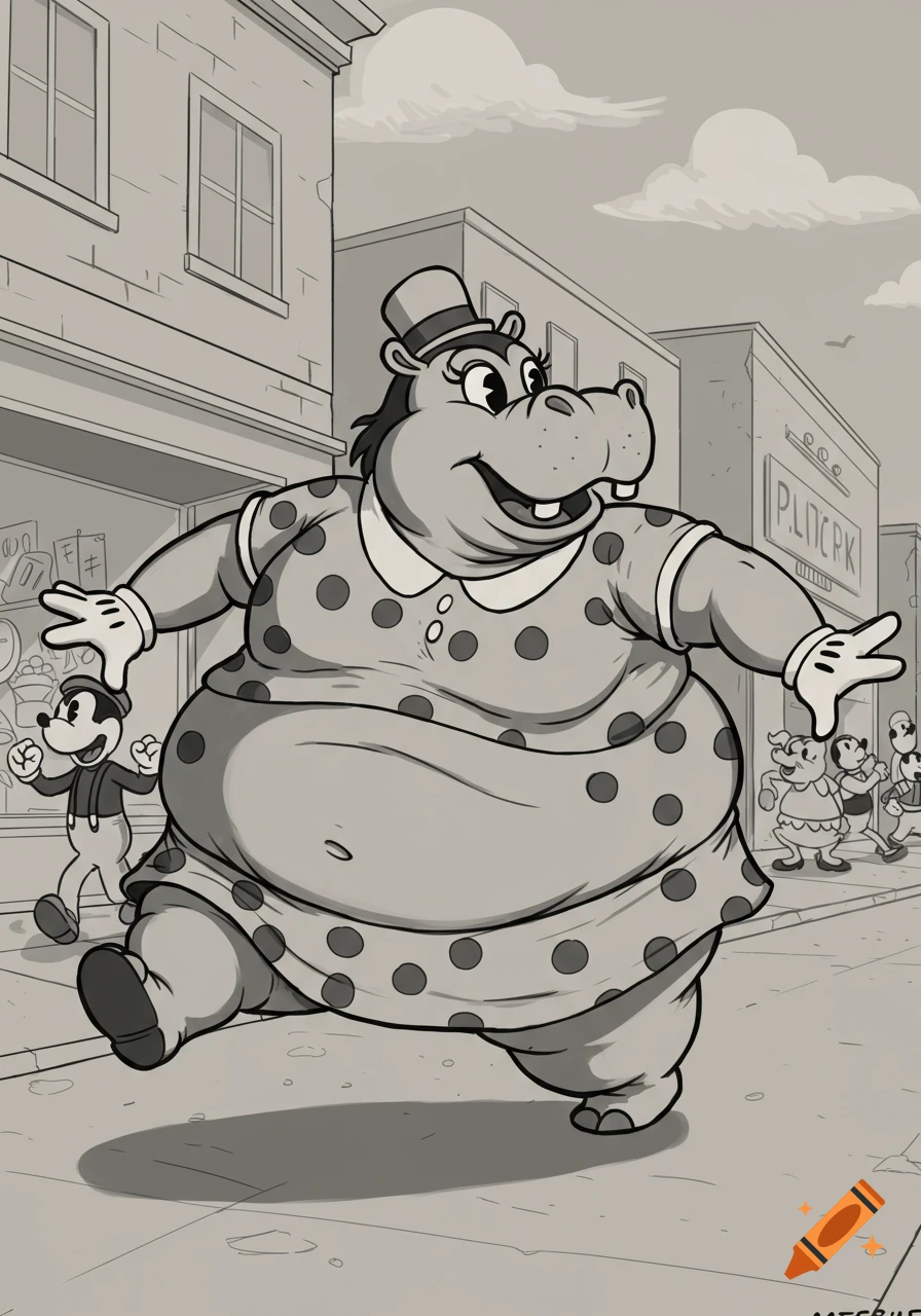 A happy, obese anthropomorphic hippo in a polka dot dress and hat strides down a 1930s cartoon city street, with a mouse character in the background.