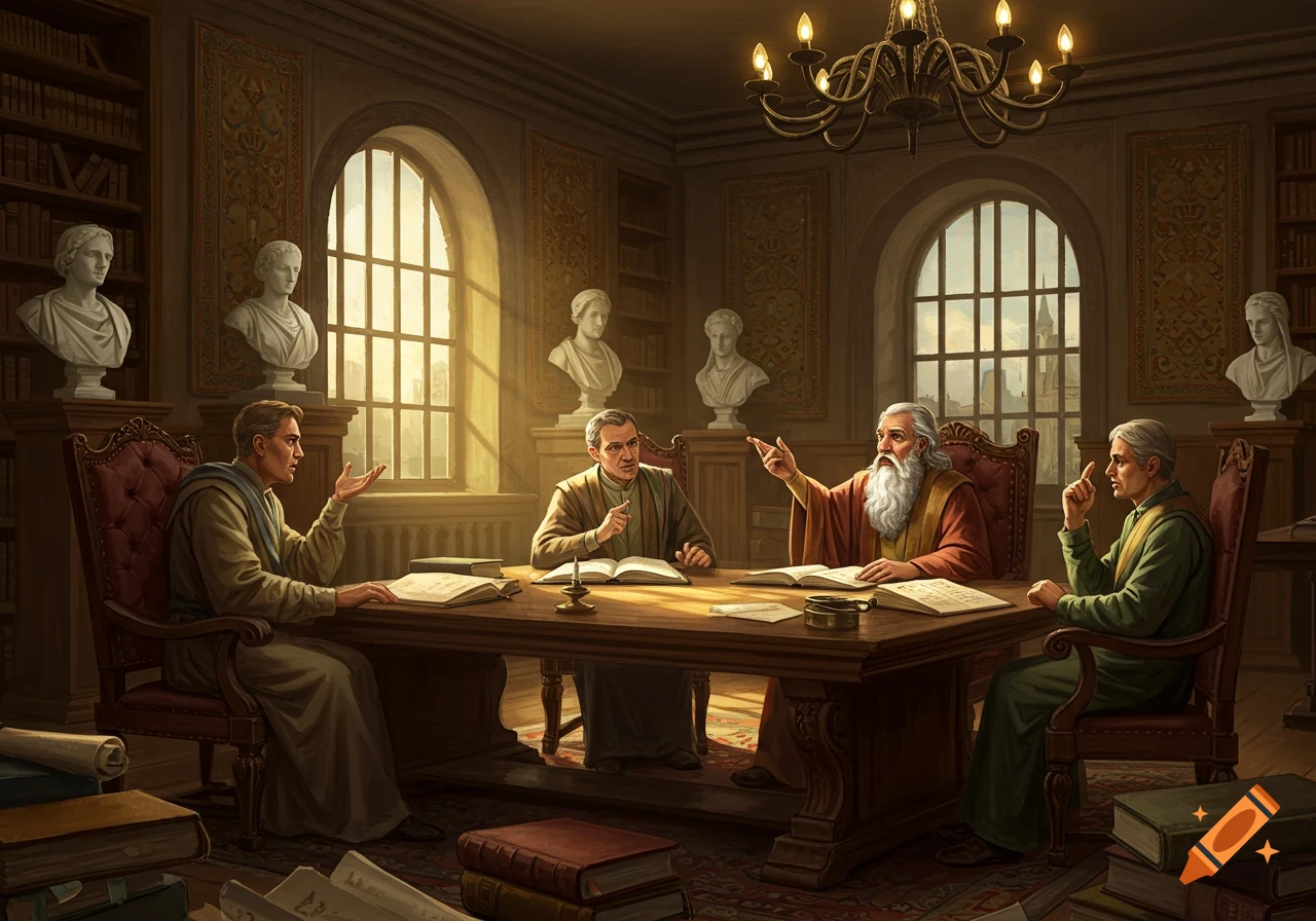 Four robed philosophers debate at a large wooden table in a grand library filled with books and classical busts.
