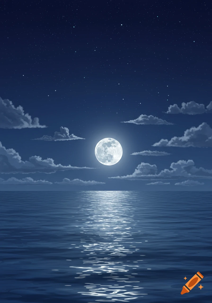 A full moon shines brightly over a calm, dark blue sea, reflecting its light on the water under a starry night sky with sparse clouds.