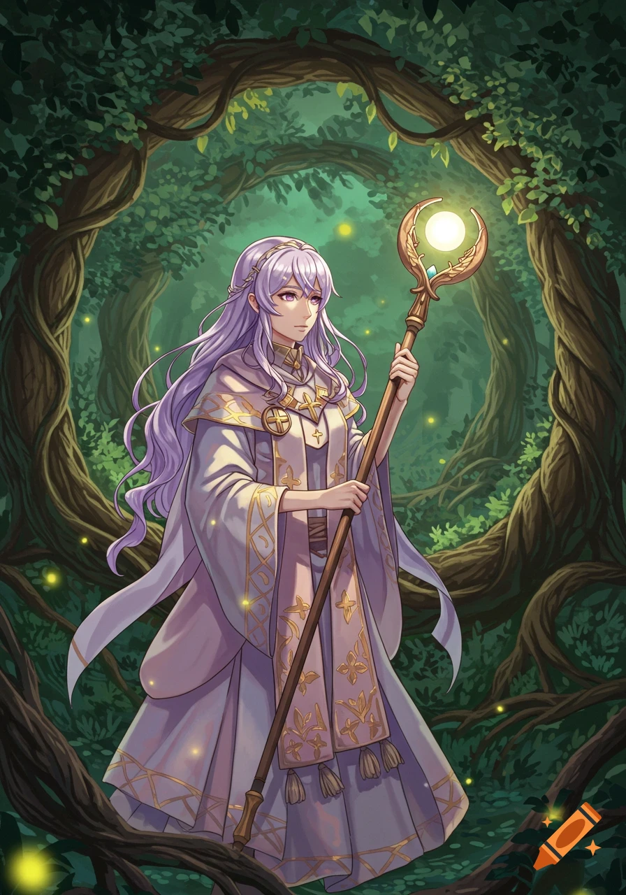 Anime-style woman with long purple hair and a white and gold robe holding a glowing staff in an enchanted forest.