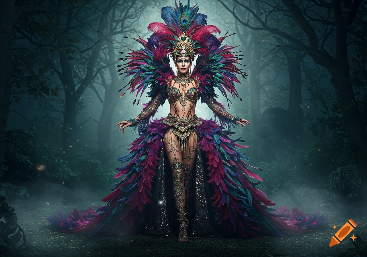 A photorealistic image of a woman in an elaborate, colorful feather and jewel costume, standing in a dark, misty forest.