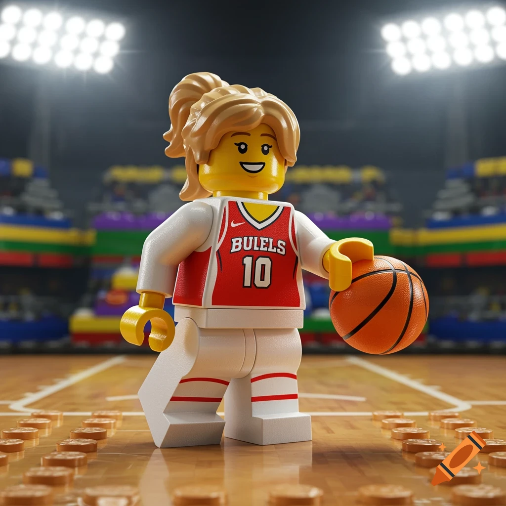 A LEGO minifigure of a blonde girl in a red and white basketball uniform dribbling a basketball on a court in a stadium.
