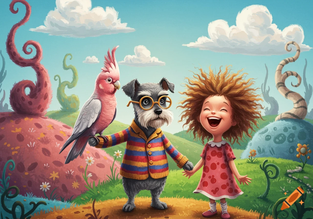 A laughing curly-haired girl, a schnauzer-like character in a striped shirt, and a pink galah stand in a whimsical Dr. Seuss landscape.