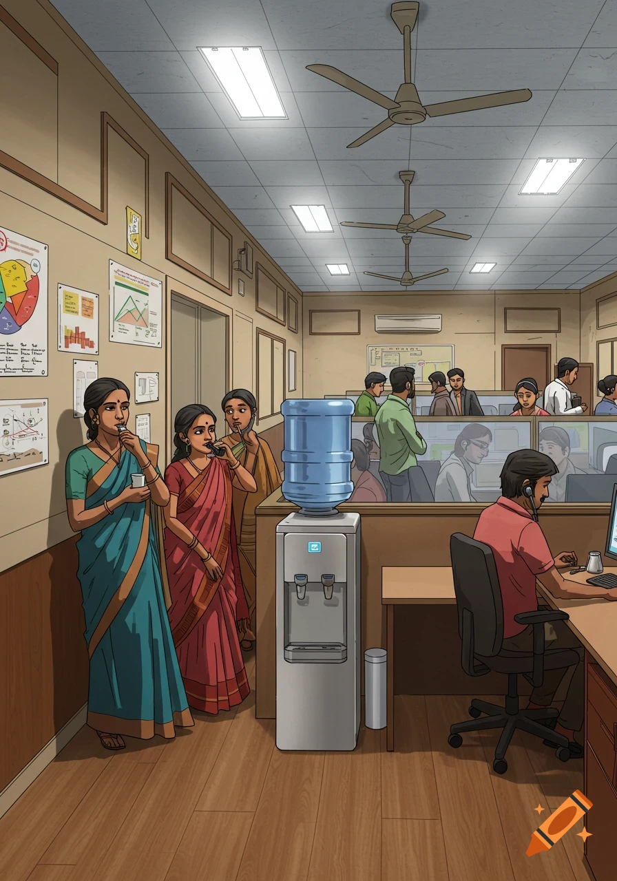 An illustrated view of a busy call center office with employees working at computers and women gathered around a water cooler.