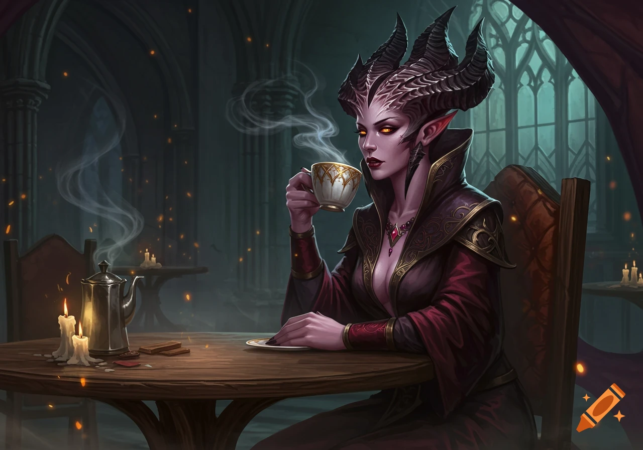 Purple-skinned demonic woman with horns and glowing eyes sips from a teacup in a dark, gothic hall with candles, fantasy art.