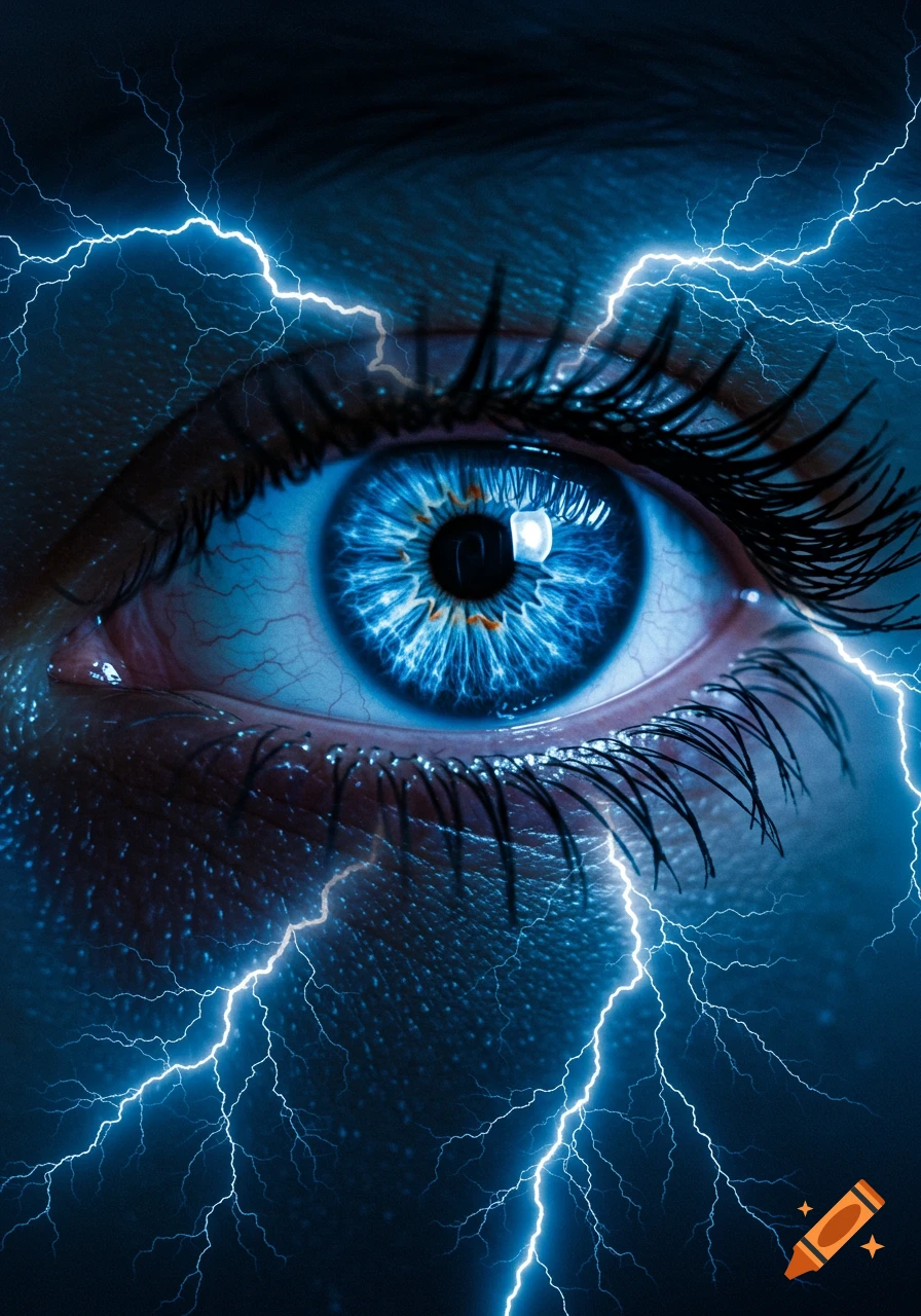 A close-up of a vibrant blue eye with lightning bolts emanating from and surrounding it, against a dark background.