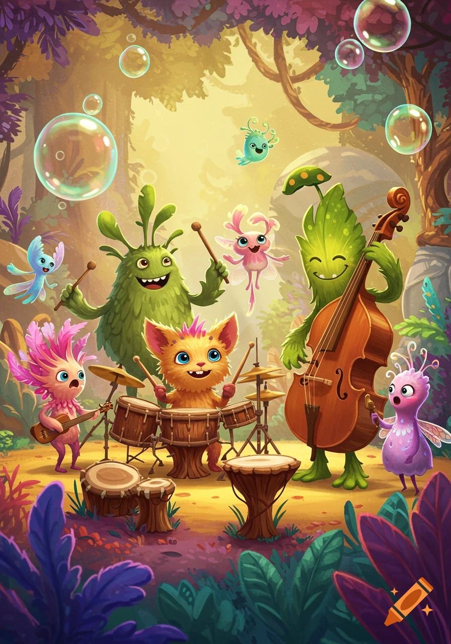 Colorful, stylized cartoon monsters playing drums, a bass, and a ukulele in a vibrant fantasy forest with floating bubbles.