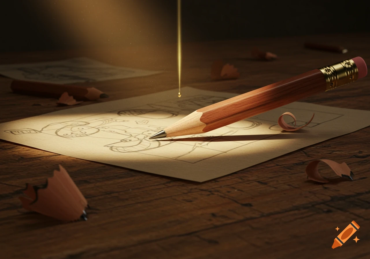 A sharpened pencil rests on paper with a sketch, surrounded by shavings on a wooden desk, illuminated by a glowing light.