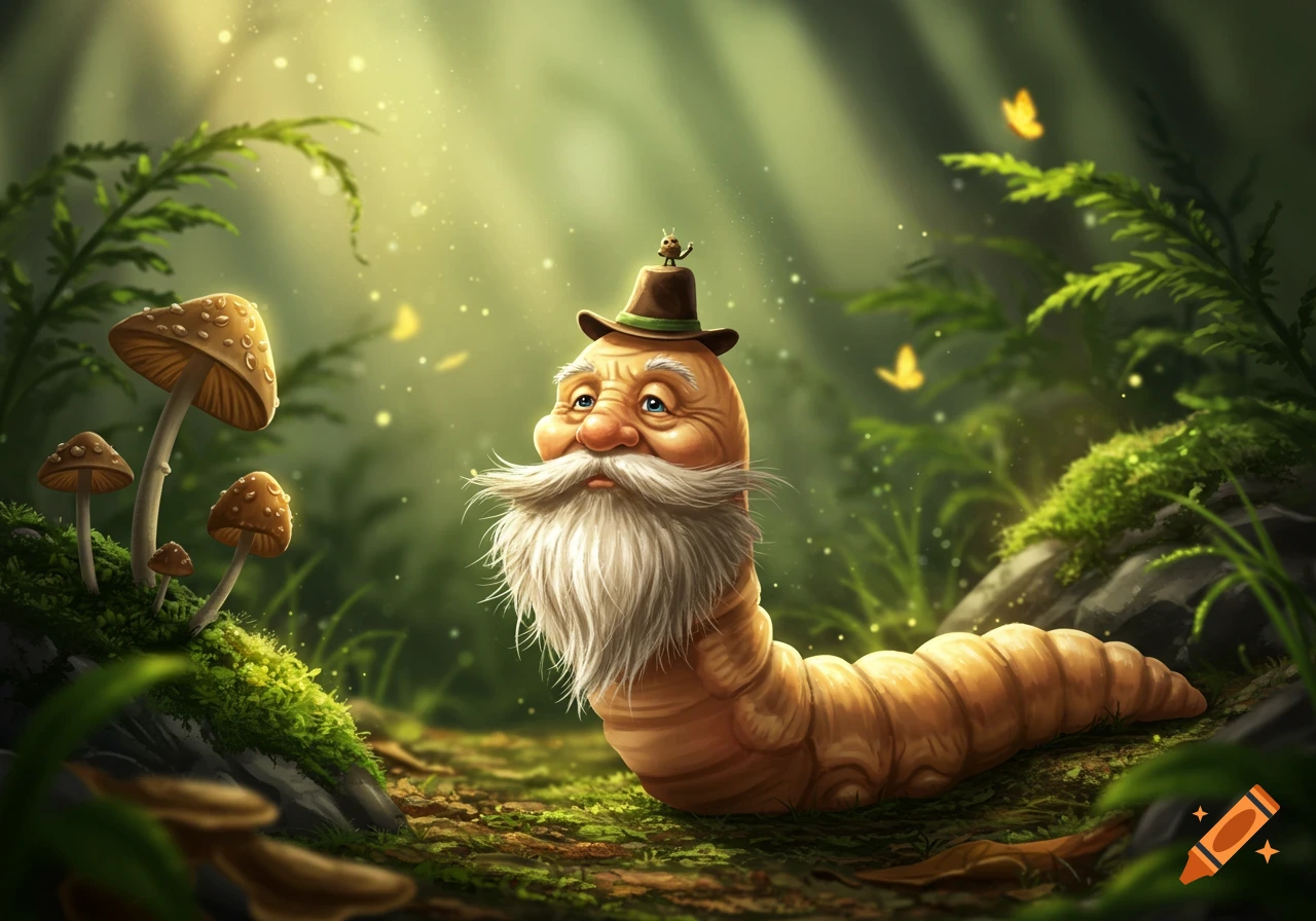 A whimsical elderly worm with a human face and long white beard wears a hat in a magical forest with glowing mushrooms.