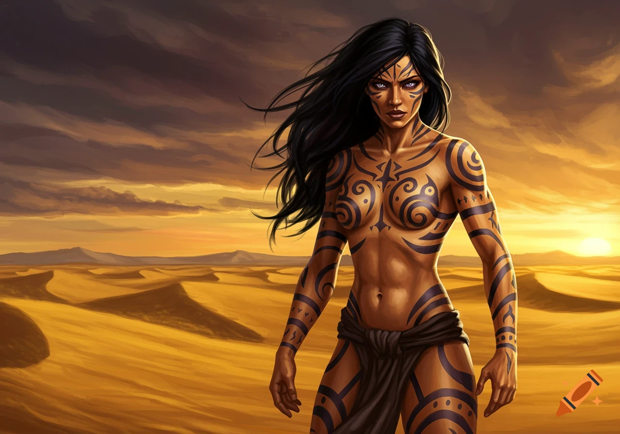 Digital illustration of a fierce female fighter with black tribal tattoos, long black hair, and purple eyes, standing in a desert at sunset.