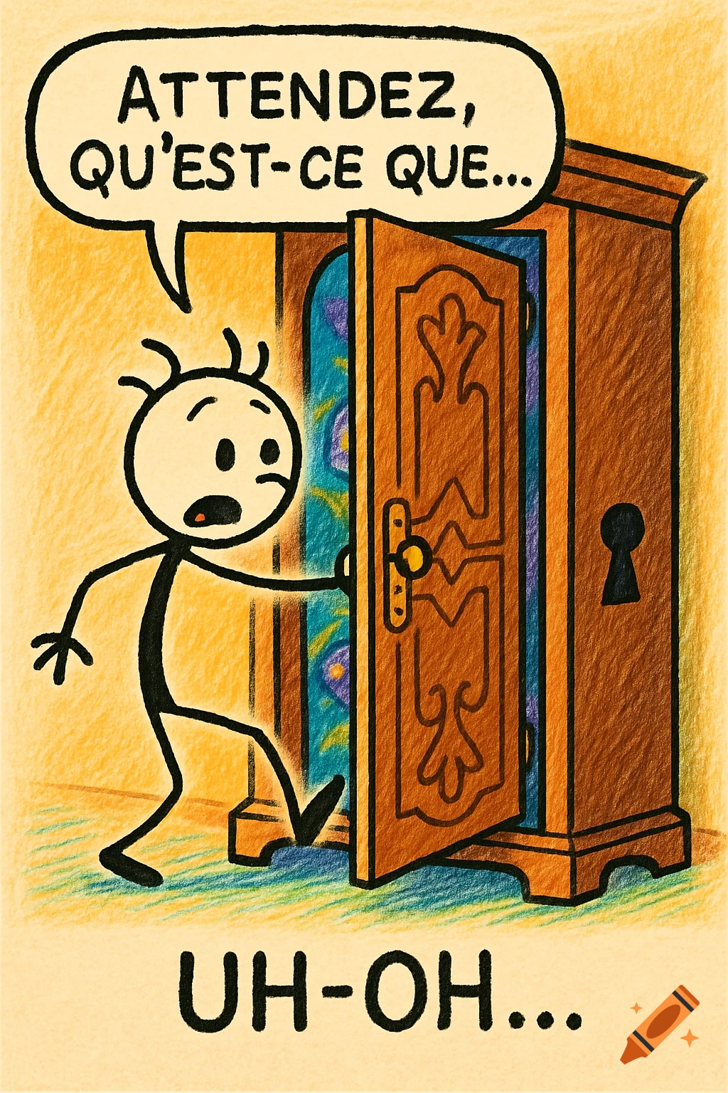 A surprised stick figure opens a wardrobe to a colorful interior, with speech bubbles saying "ATTENDEZ, QU'EST-CE QUE..." and "UH-OH..." in a comic style.
