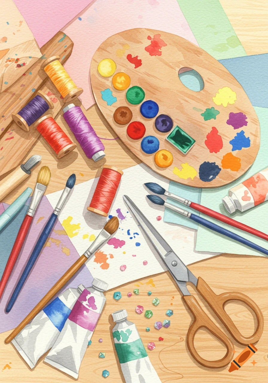 Watercolor illustration of various arts and crafts supplies like a paint palette, brushes, thread, scissors, and paint tubes on a table.