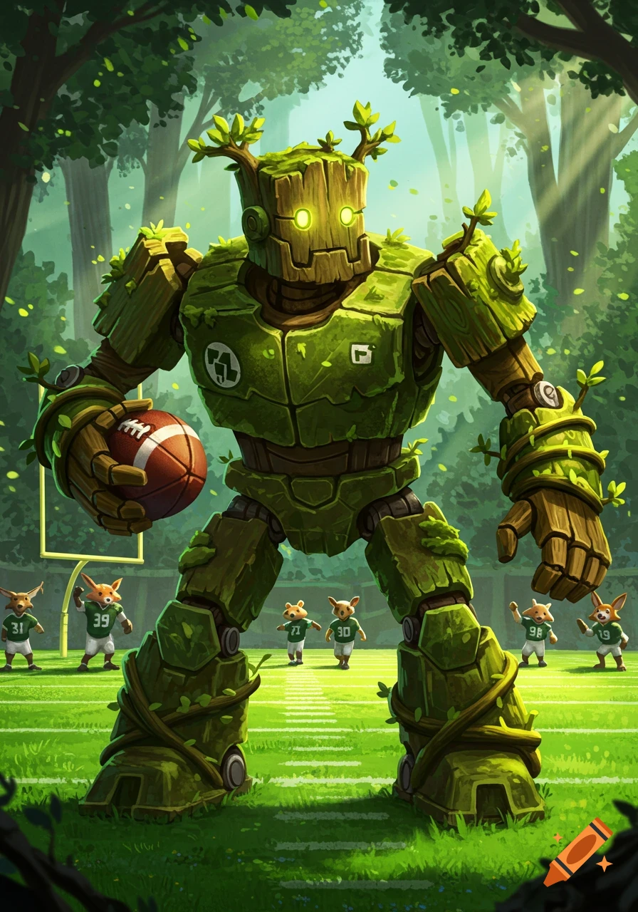 A massive, green forest robot with glowing eyes holds a football, towering over small animal players on a sunny football field.