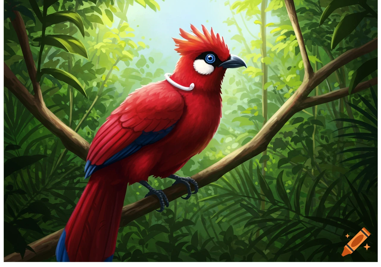 A vibrant red bird with a spiky crest, blue eyes, and a white neck ring perches on a branch in a lush, green jungle illustration.