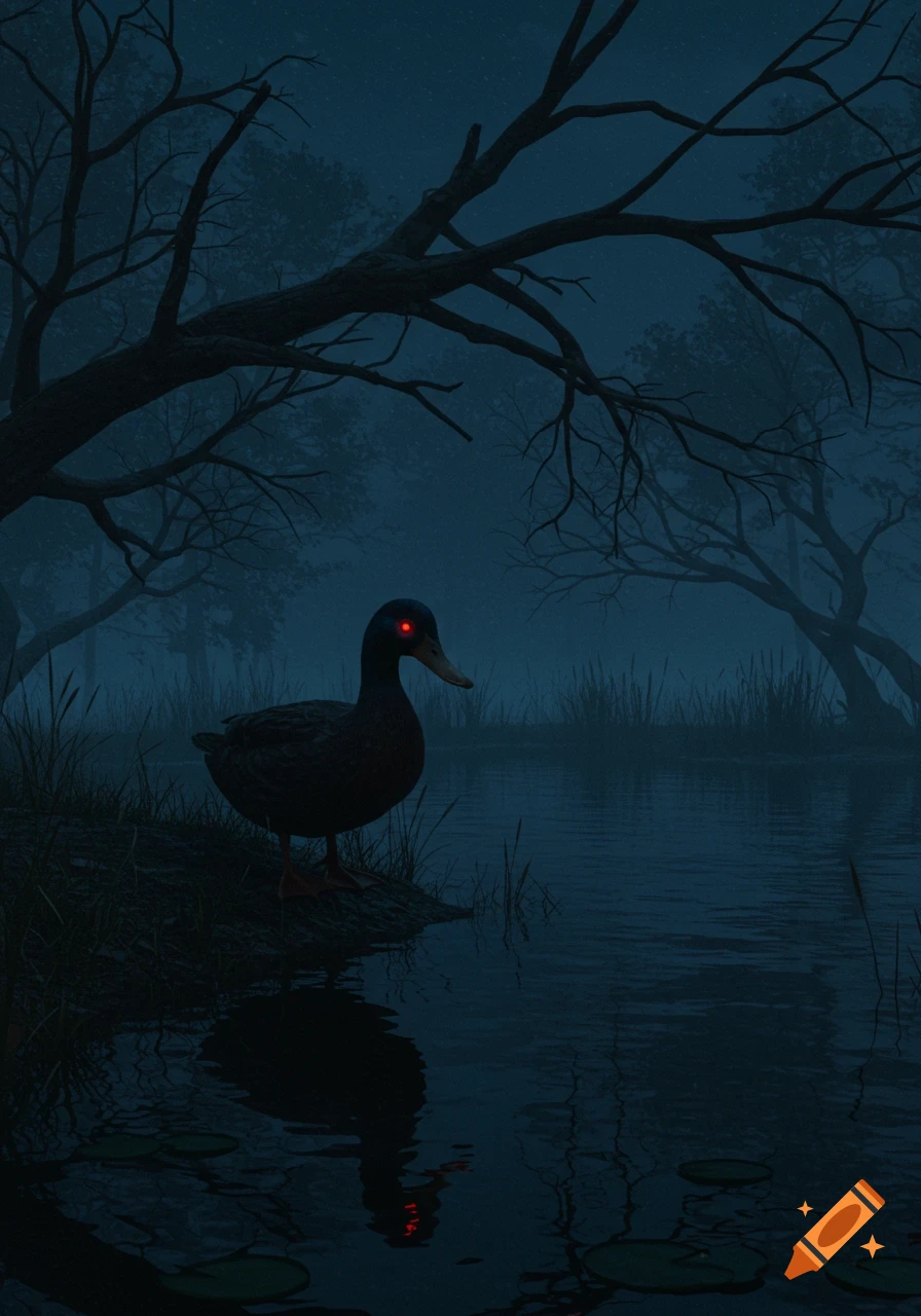 A dark duck with glowing red eyes stands by a misty pond at night, surrounded by bare trees.