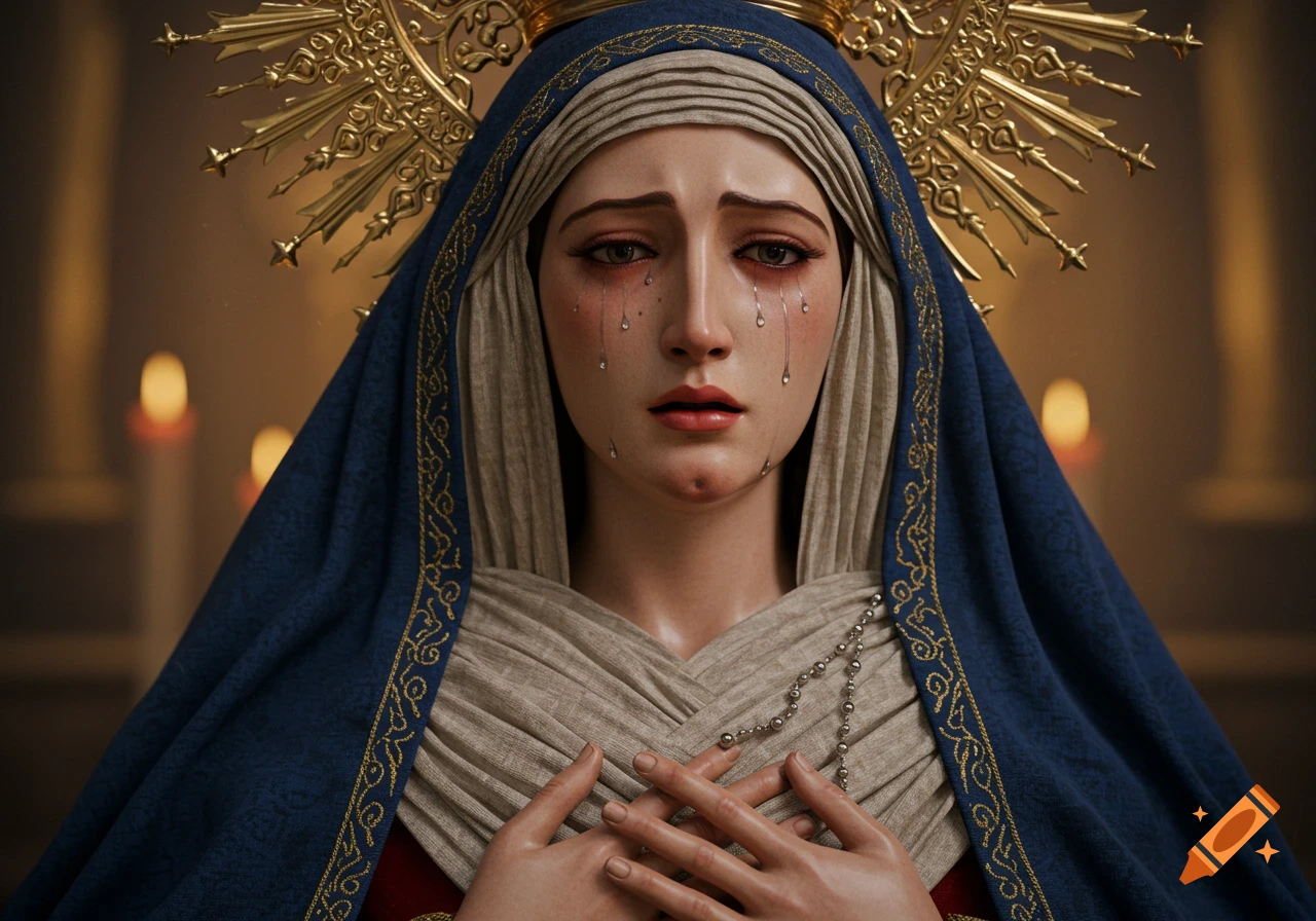 Photorealistic statue of the Virgin Mary crying, wearing a blue and beige veil, hands clasped, with a golden halo and rosary.