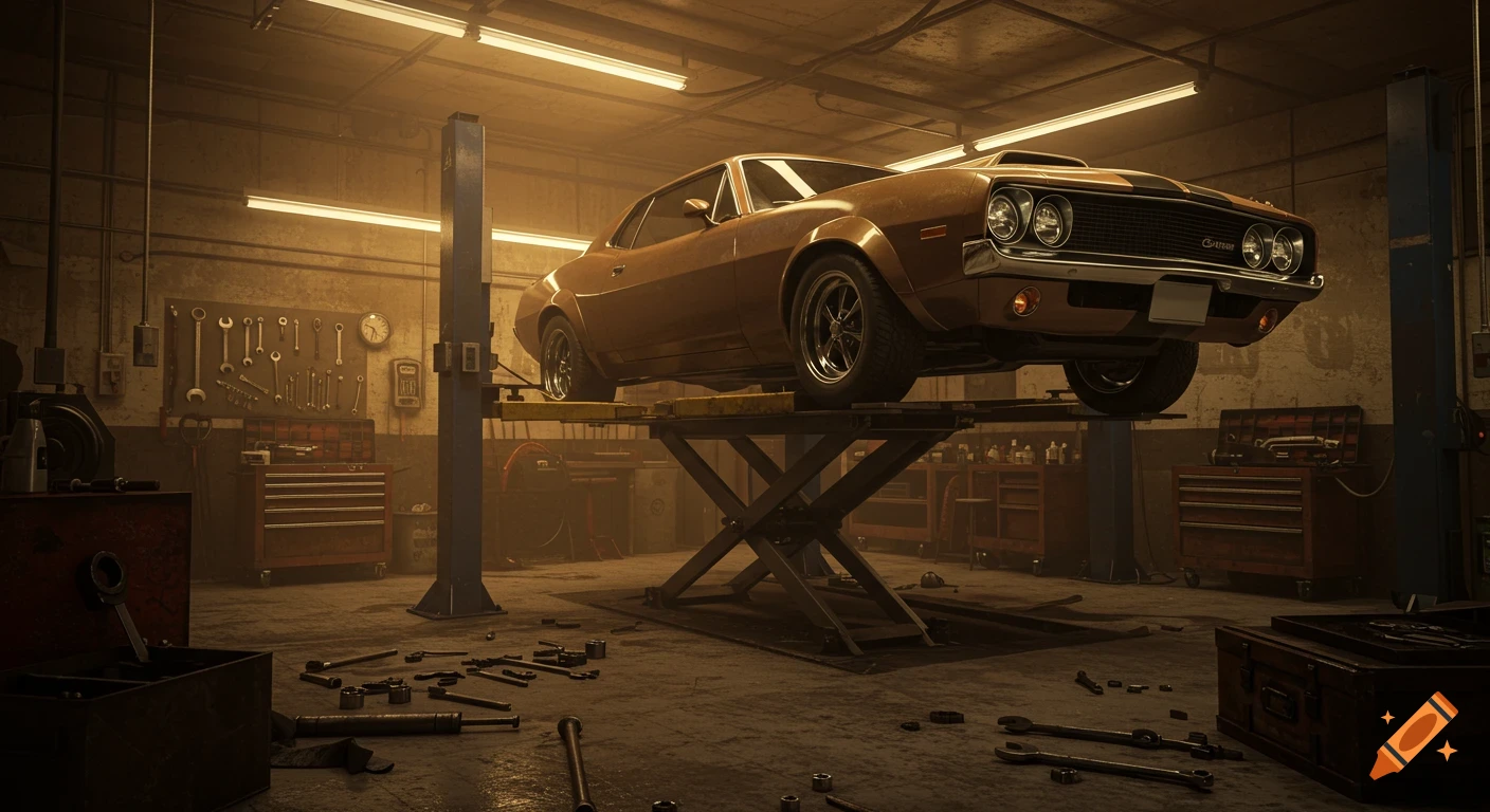 Realistic 3D image of a bronze muscle car on a lift in a detailed garage with scattered tools and warm lighting.