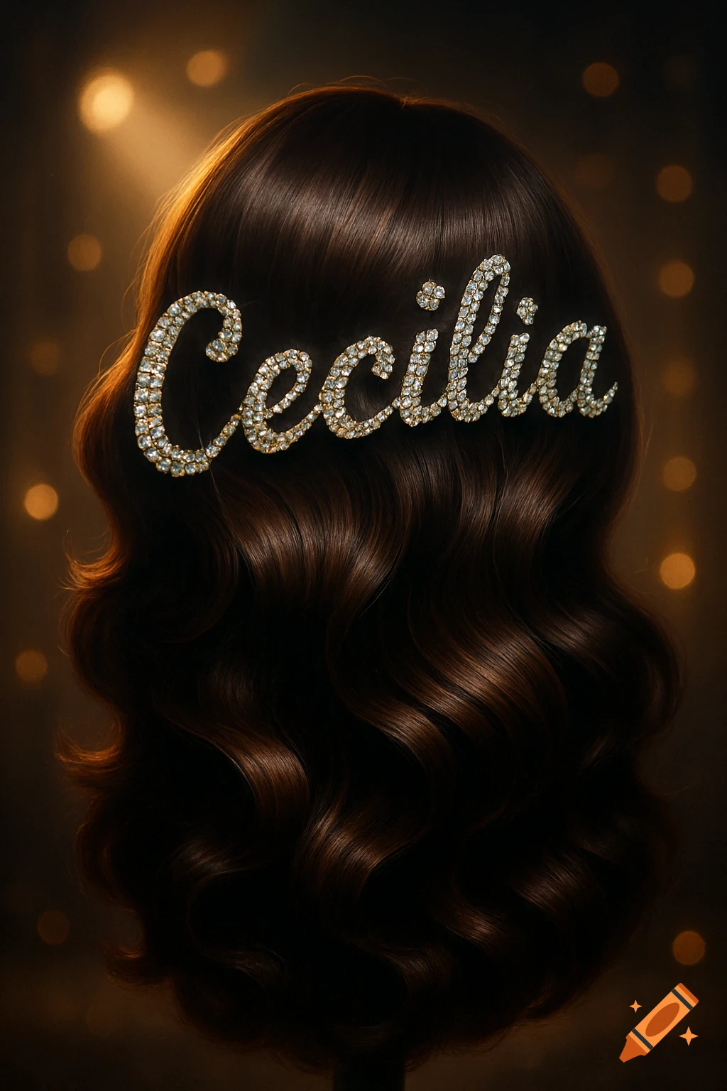A dark brown, wavy wig adorned with a sparkling rhinestone hair clip spelling 'Cecilia' against a dark background with bokeh lights.