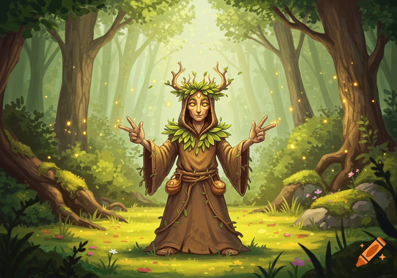 An illustrated forest spirit in a hooded robe adorned with leaves and antlers, making peace signs in a mystical forest.