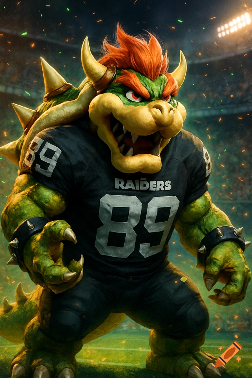 Bowser from Super Mario in a black Raiders football jersey with number 89, on a football field.