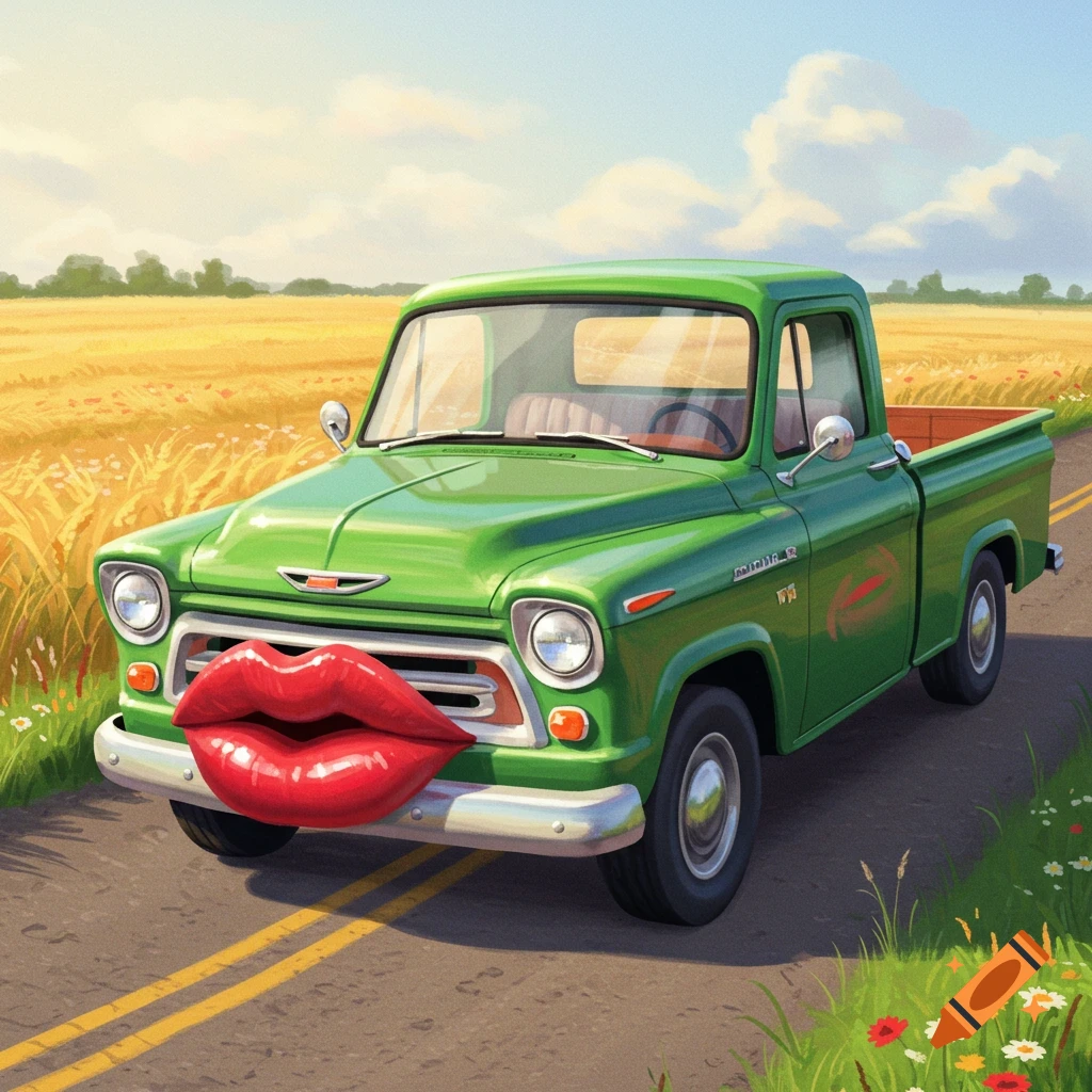 A vibrant green vintage pickup truck with large red lips on its bumper drives down a rural road through a golden field under a blue sky.
