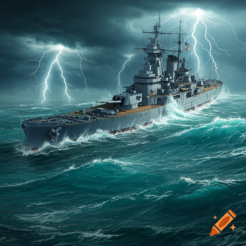 A large grey battleship navigates turbulent, stormy seas with bright lightning illuminating the dark sky.