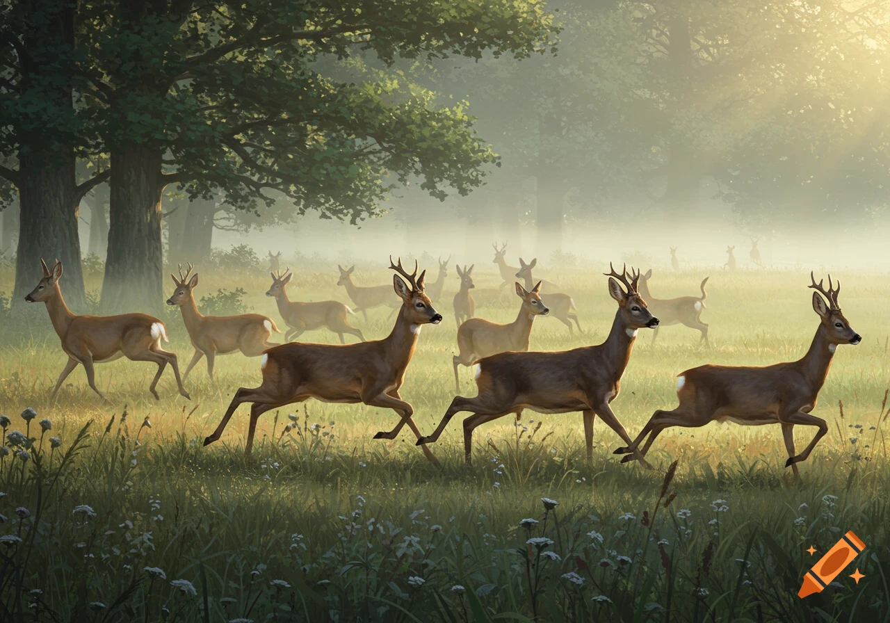 A herd of roe deer stampeding through a misty, sunlit forest in a detailed digital painting.