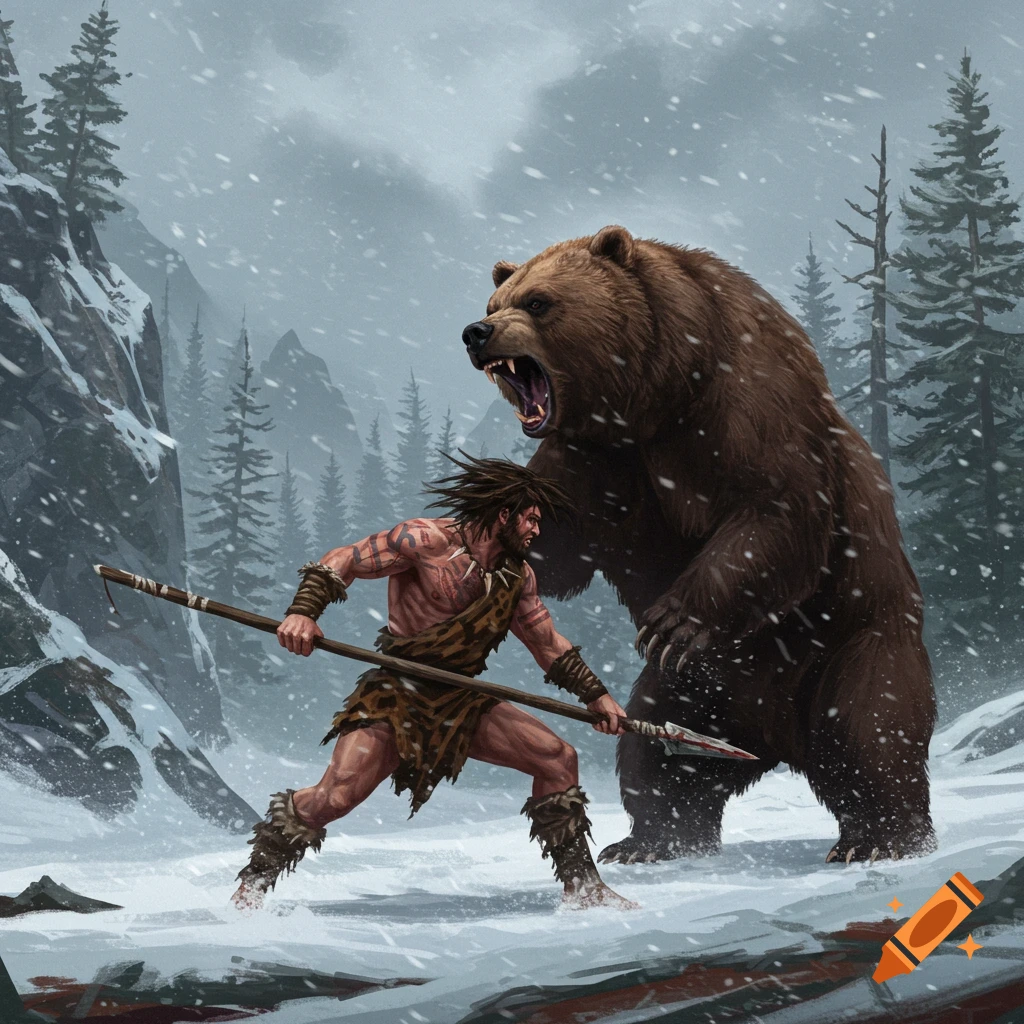 Digital painting of a caveman with a spear facing a roaring bear in a snowy mountain landscape.