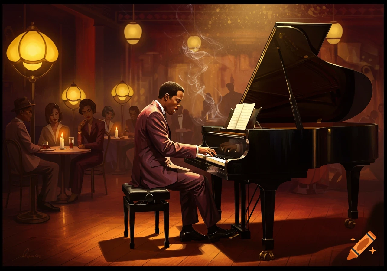A man plays a grand piano in a dimly lit jazz club, with patrons seated at tables in the background. The scene has a warm, painterly style.
