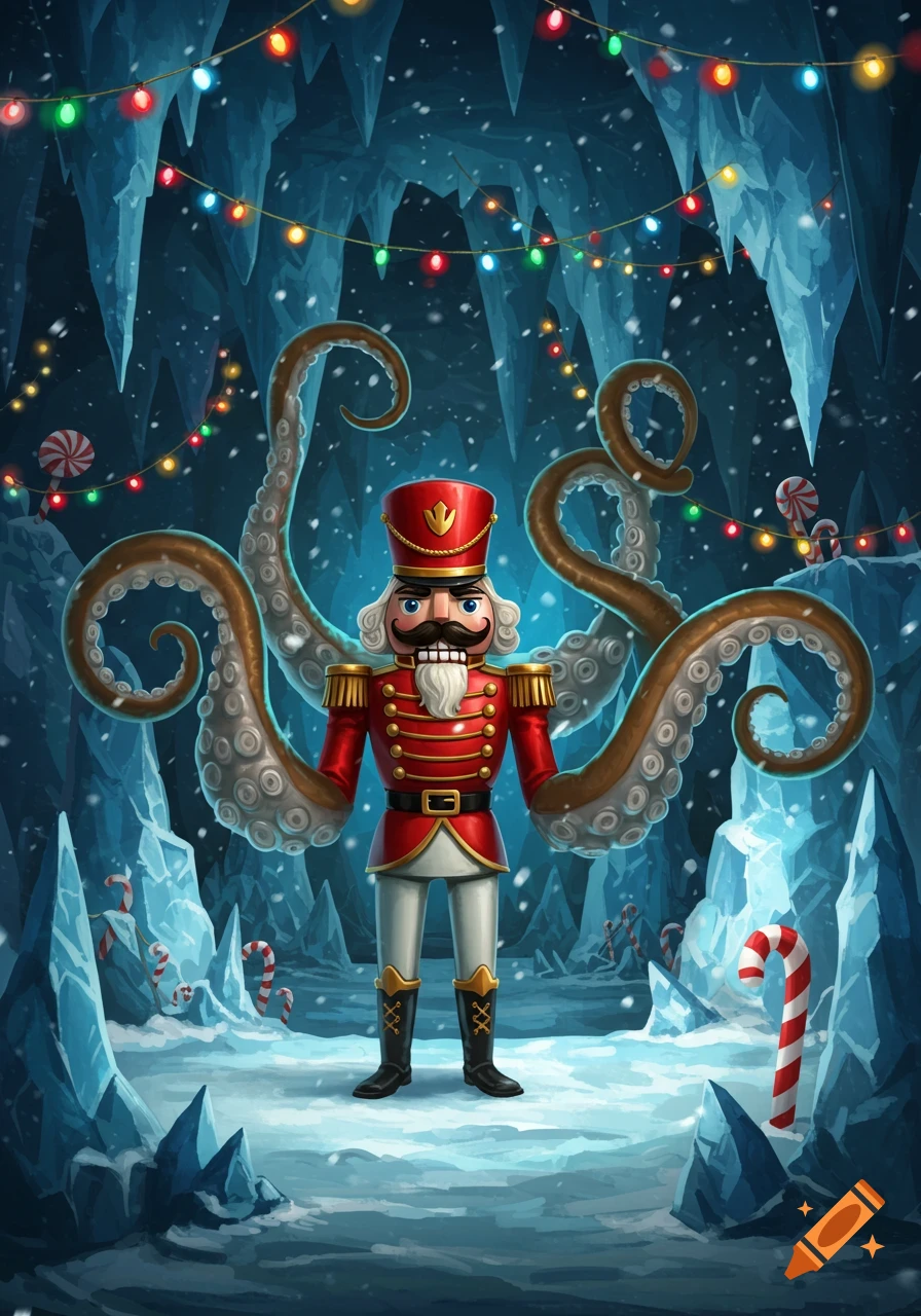 A cartoony nutcracker-kraken hybrid boss stands in an icy mine decorated with Christmas lights and candy canes.