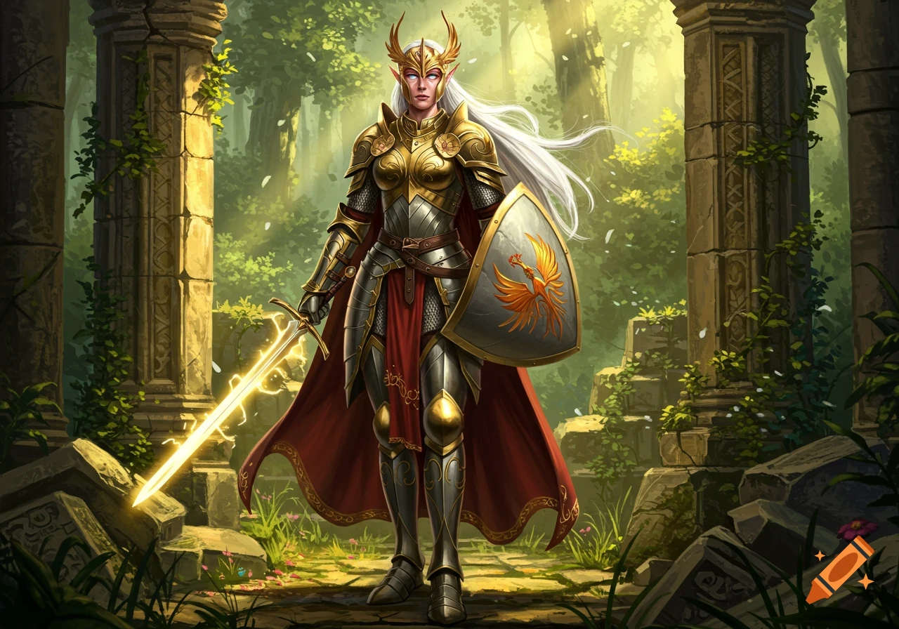 A female paladin elf in ornate golden and silver armor holds a glowing sword and shield, standing in a lush forest with ancient stone ruins.