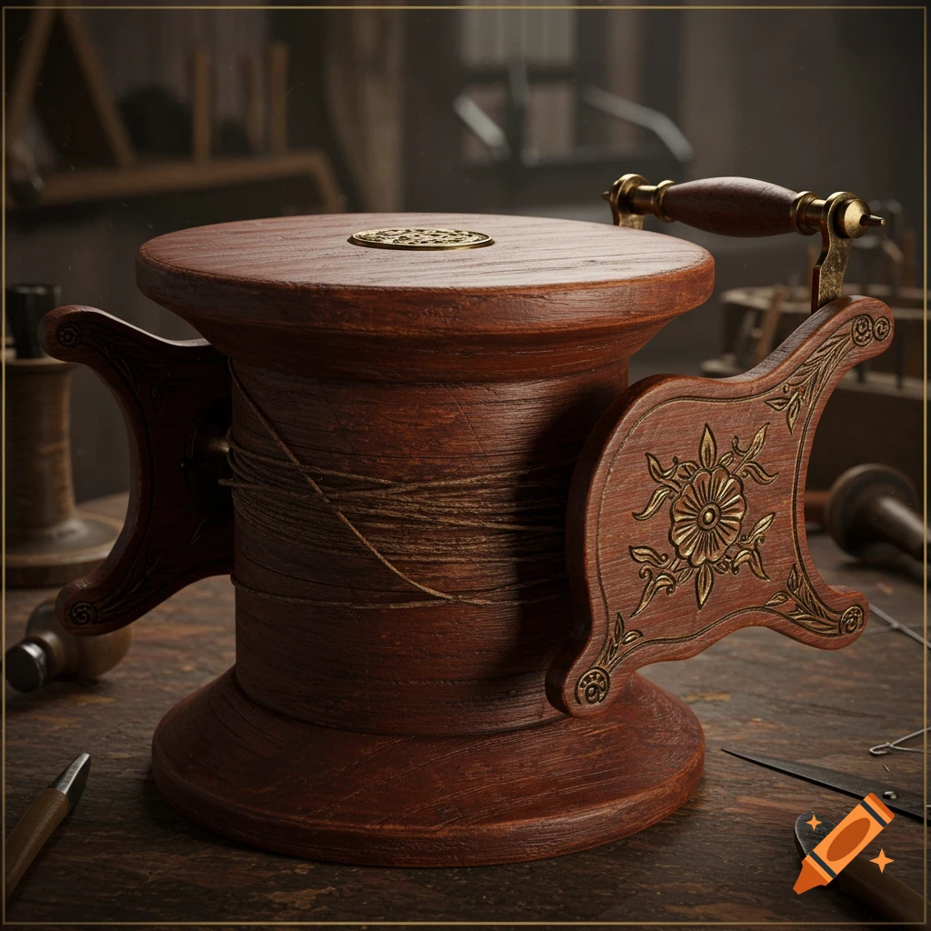 Photorealistic image of a wooden spool with ornate handles, wrapped in natural thread, on a workbench with blurred tools.