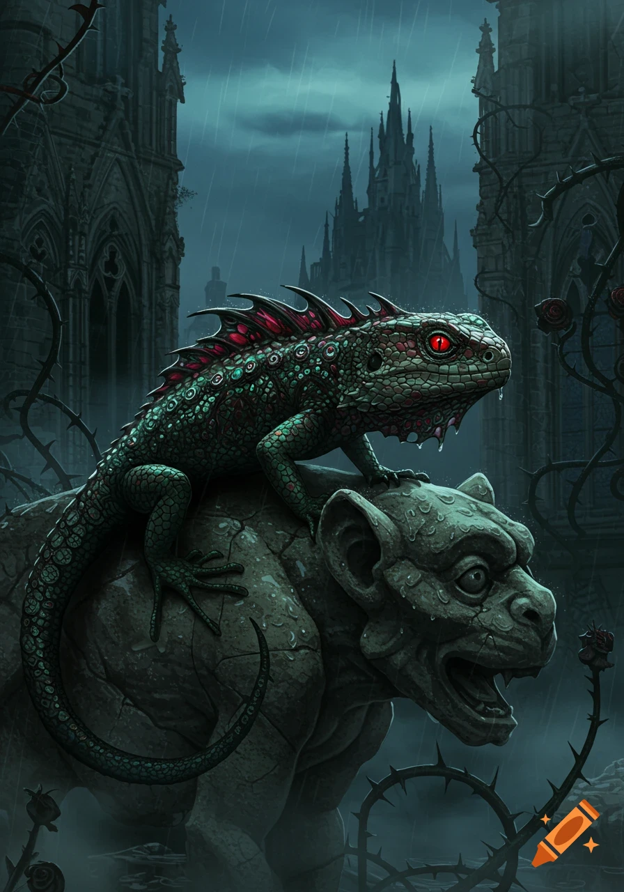 A detailed green and red lizard with glowing red eyes perches on a stone gargoyle's head in a rainy gothic city.