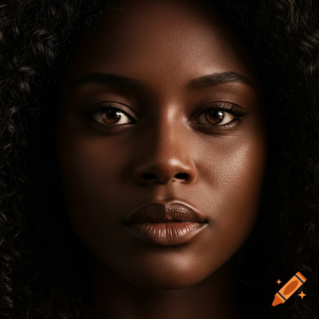 Close-up photorealistic portrait of a young Black woman with dark curly hair and warm brown eyes.
