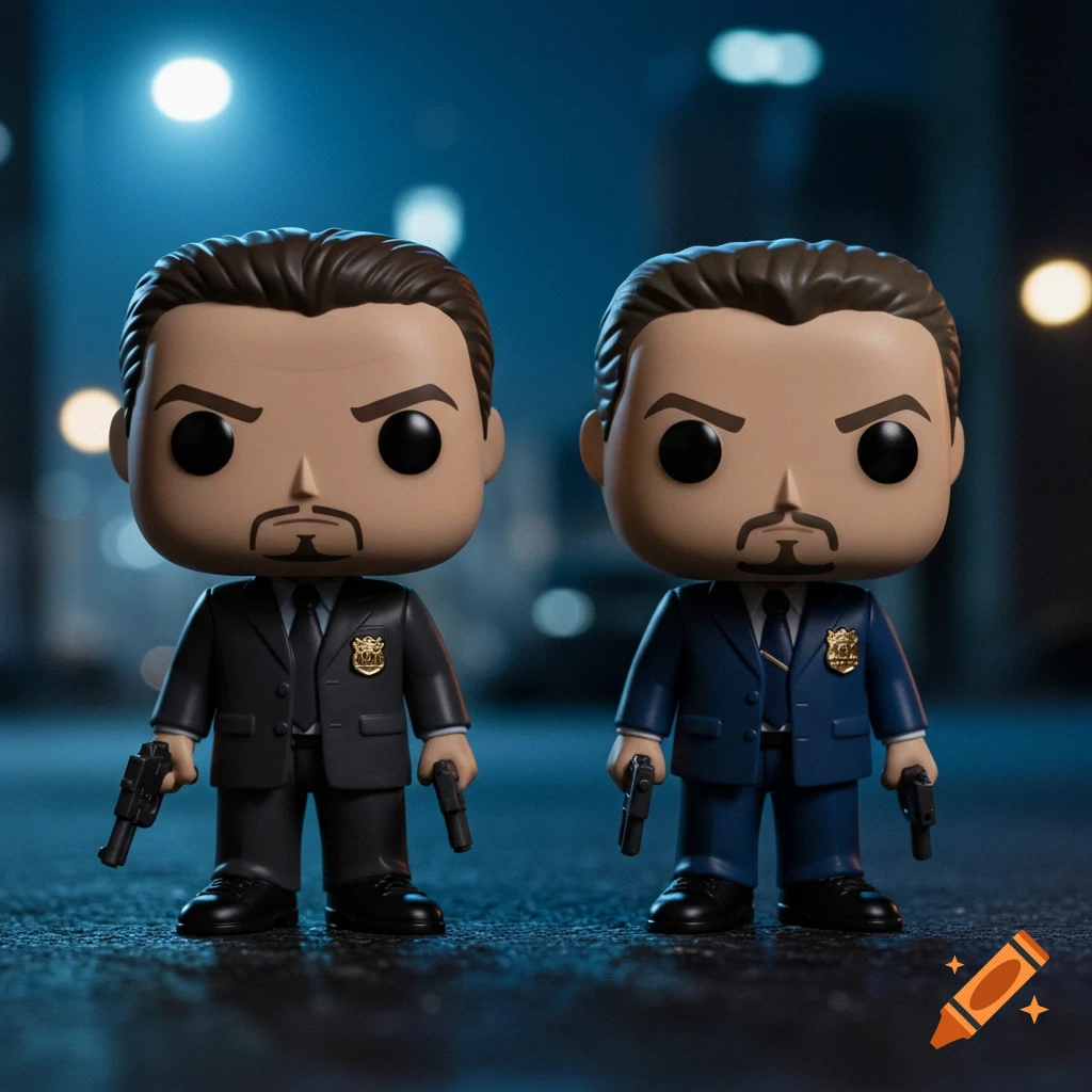 Two Funko Pop figures of male detectives in suits holding pistols on a wet city street at night.