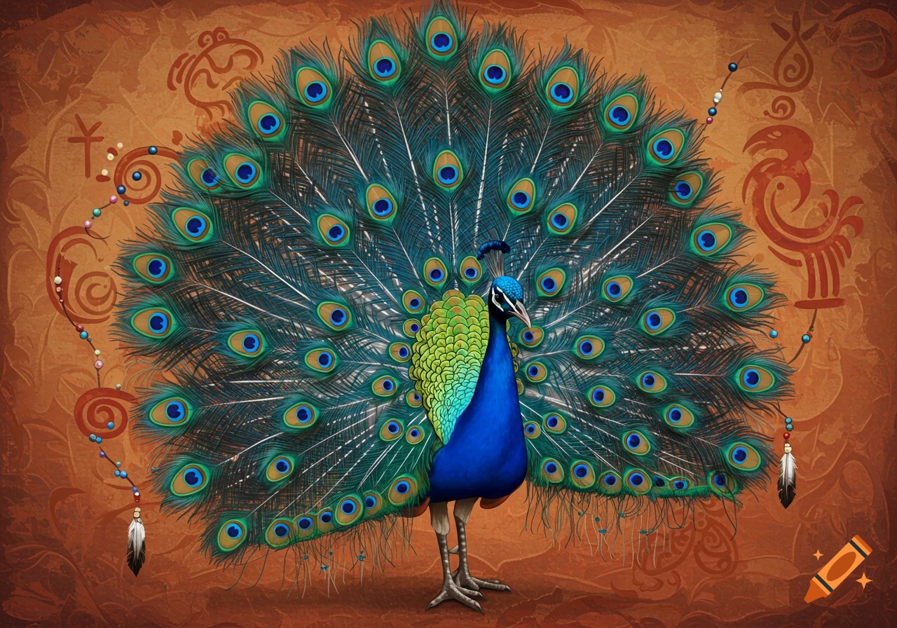 A majestic peacock with a fanned tail stands against a textured brown background adorned with stylized tribal patterns and beaded strands.